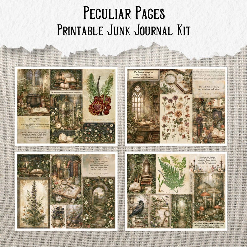 Op de afbeelding: Een printbare junk journal kit genaamd Peculiar Pages met vier vellen papierontwerpen in vintage-stijl. De afbeeldingen bevatten botanische illustraties van varens, paddenstoelen en bloemen, naast gotische architecturale elementen en een raaf.