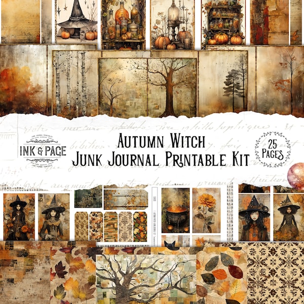 Autumn Witch Junk Journal Printable Kit Halloween Ephemera Collage Digital Download Fall Scrapbook Mixed Media Bujo Grunge Backgrounds Paper