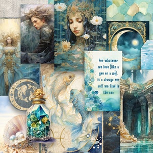 May include: A collage of images featuring a blue and gold colour scheme. The images include a woman with long blue hair wearing a gold crown, a bottle containing blue and green crystals, two fish swimming in water, and a quote about finding oneself in the sea.