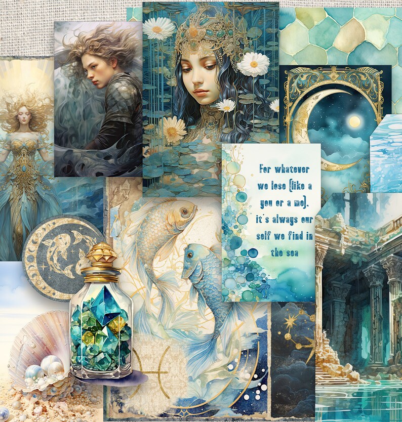 May include: A collage of images featuring a blue and gold colour scheme. The images include a woman with long blue hair wearing a gold crown, a bottle containing blue and green crystals, two fish swimming in water, and a quote about finding oneself in the sea.