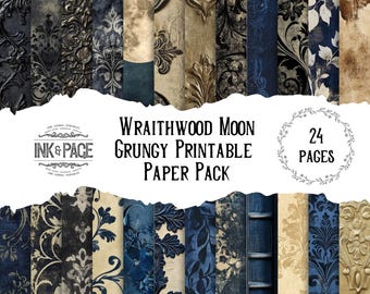 Wraithwood Moon Printable Paper Pack Grungy Gothic Digital Download Junk Journal Distressed Pages Vintage Background Craft Paper Kit Dark