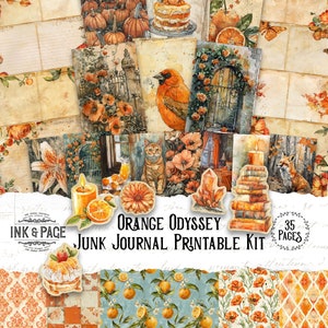 Puede incluir: Un kit de diario de chatarra imprimible de 35 páginas con un tema naranja. El kit incluye imágenes de naranjas, calabazas, flores, un gato, un pájaro, un zorro y una pila de libros. El texto "Orange Odyssey Junk Journal Printable Kit" está impreso en la parte delantera del kit.