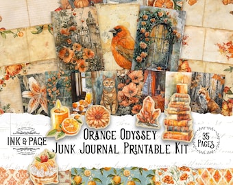 Orange Odyssey Junk Journal Printable Kit Marigold Digital Download Amber Vintage Ephemera Scrapbook Paper Supplies Shabby Background Pages