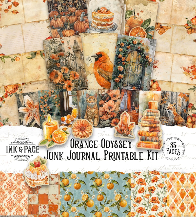 Orange Odyssey Junk Journal Printable Kit Marigold Digital Download Amber Vintage Ephemera Scrapbook Paper Supplies Shabby Background Pages image 1