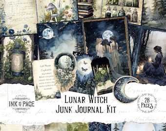 Puede incluir: Un kit de diario de chatarra digital de 28 páginas con una escena de bosque iluminado por la luna con tres mujeres con vestidos fluidos, una luna llena y una luna creciente. El kit también incluye una variedad de otras imágenes, incluidos hongos, frascos y una receta para una poción llamada "Full Moon Euphoria". El texto "LUNAR WITCH JUNK JOURNAL KIT" se muestra en el centro de la imagen.