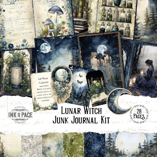 Lunar Witch Junk Journal Kit imprimible Luna Digital Descargar Bruja Verde Efímera Hechizos Mágicos Bosque Grimorio Libro de Sombras Naturaleza Artesanía