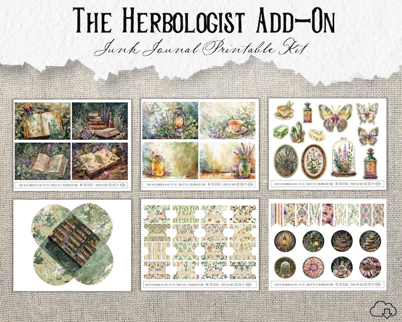 K&ouml;nnte beinhalten: Druckbarer Junk-Journal-Kit mit botanischem Thema. Das Kit enth&auml;lt Bilder von B&uuml;chern, Kr&auml;utern, Schmetterlingen und anderen naturinspirierten Elementen. Das Kit ist perfekt, um Ihrem Journal einen Hauch von Verspieltheit und Charme zu verleihen.