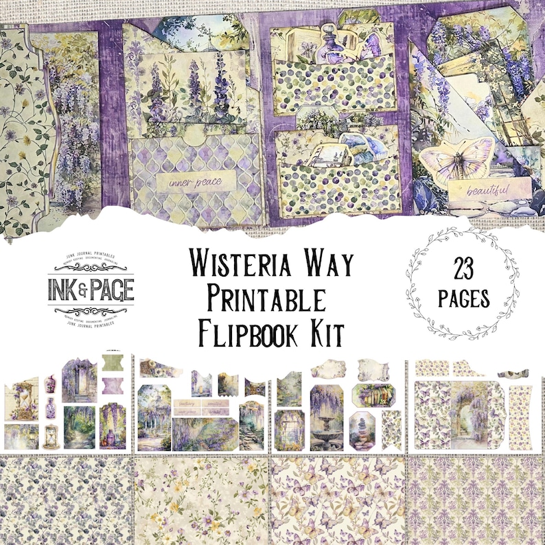 Puede incluir: Un kit de flipbook imprimible de 23 p&aacute;ginas con un tema de glicinia. El kit incluye una variedad de im&aacute;genes, incluyendo flores, mariposas y una escena de jard&iacute;n. El t&iacute;tulo del kit es "Wisteria Way Printable Flipbook Kit".