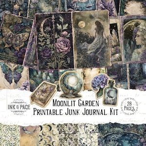 Moonlit Garden Junk Journal Printable Kit Digital Witch Ephemera Lunar Scrapbook Paper Gothic Background Pages Celestial Flower Fantasy Bujo