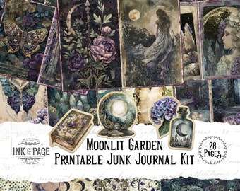 Puede incluir: Un kit de diario de chatarra imprimible de 28 páginas con un tema de jardín iluminado por la luna. El kit incluye imágenes de flores, lunas, mariposas, una bola de cristal, un libro, una botella y una mujer con un vestido fluido. El texto "Moonlit Garden Printable Junk Journal Kit" y "28 Pages" está incluido en la imagen.