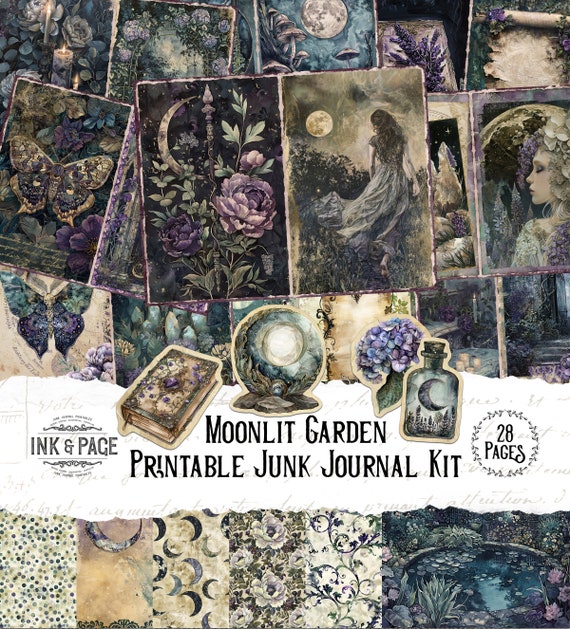 Moonlit Garden Junk Journal Printable Kit Digital Witch Ephemera Lunar Scrapbook Paper Gothic Background Pages Celestial Flower Fantasy Bujo