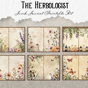 May include: A printable junk journal kit with a botanical theme. The kit includes six pages with floral and butterfly designs, and the text "The Herbalist Junk Journal Printable Kit".