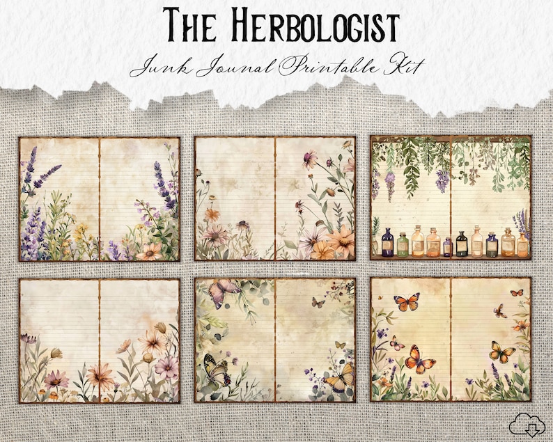 May include: A printable junk journal kit with a botanical theme. The kit includes six pages with floral and butterfly designs, and the text "The Herbalist Junk Journal Printable Kit".