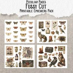 May include: A digital ephemera pack titled Peculiar Pages Fussy Cut Printable Ephemera Pack, featuring four sheets of assorted illustrations including butterflies, a fox, an owl, a raven, mushrooms, vintage bottles, keys, candles, and envelopes.