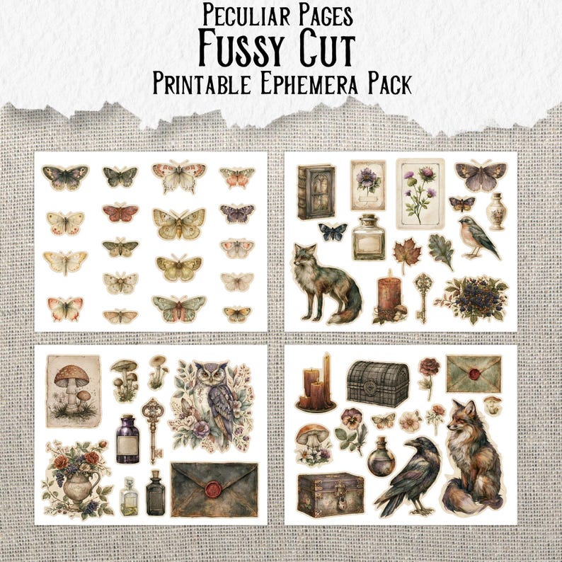 May include: A digital ephemera pack titled Peculiar Pages Fussy Cut Printable Ephemera Pack, featuring four sheets of assorted illustrations including butterflies, a fox, an owl, a raven, mushrooms, vintage bottles, keys, candles, and envelopes.