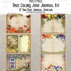 May include: Twelve digital printable pages for junk journaling. Each page features a different vintage style design with floral, butterfly, and bird illustrations. The pages are ready to be printed and used in your junk journal.