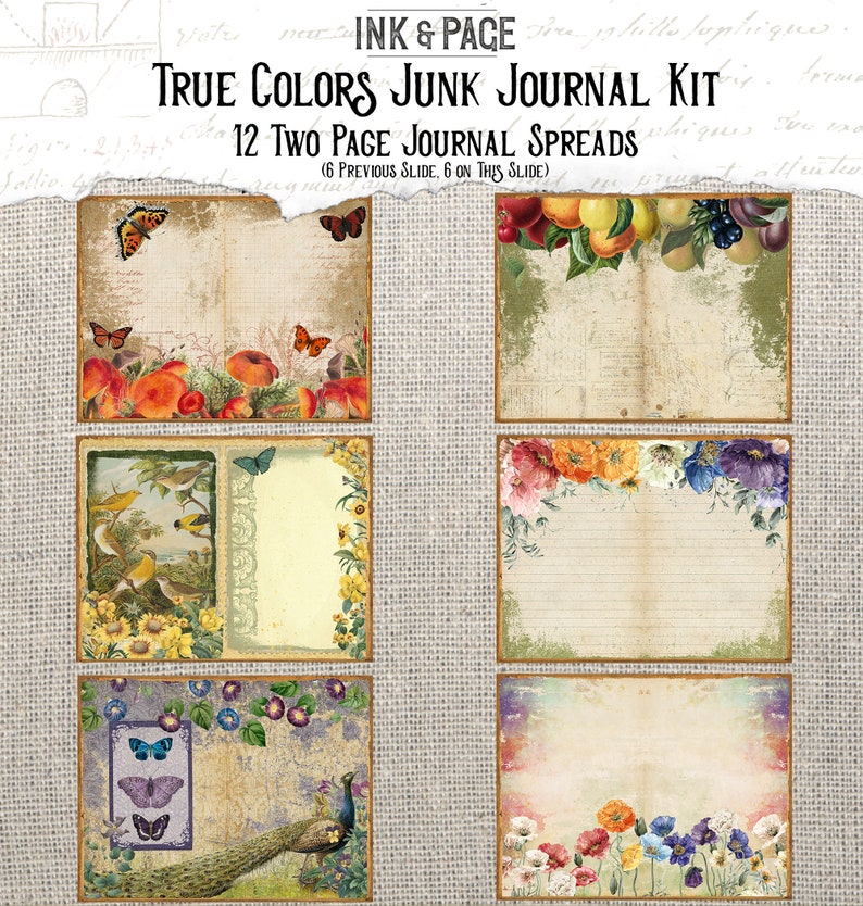May include: Twelve digital printable pages for junk journaling. Each page features a different vintage style design with floral, butterfly, and bird illustrations. The pages are ready to be printed and used in your junk journal.