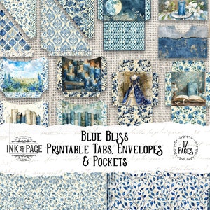 Blue Bliss Printable Ephemera Junk Journal Kit Envelopes Digital Pockets Shabby Flowers Vintage Scrapbook Elements File Tabs Bullet Journal