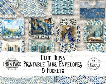 Blue Bliss Printable Ephemera Junk Journal Kit Envelopes Digital Pockets Shabby Flowers Vintage Scrapbook Elements File Tabs Bullet Journal