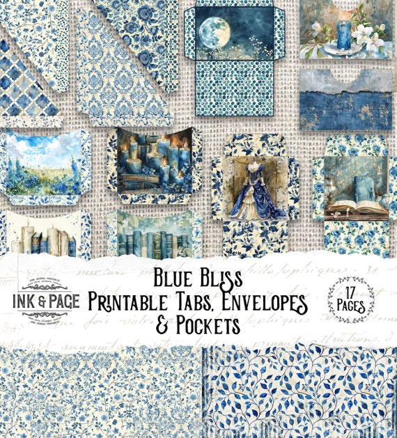 Blue Bliss Printable Ephemera Junk Journal Kit Envelopes Digital Pockets Shabby Flowers Vintage Scrapbook Elements File Tabs Bullet Journal