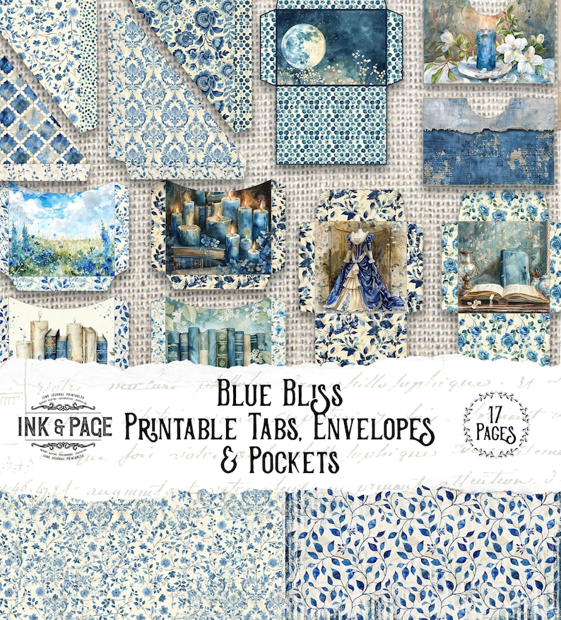 May include: Blue Bliss Printable Tabs, Envelopes & Pockets - 17 pages of printable blue and white patterned paper with floral and book designs.