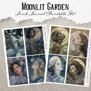 Pode incluir: Um conjunto de oito folhas de colagem digital imprim&iacute;veis com ilustra&ccedil;&otilde;es de mulheres com flores e uma lua em um esquema de cores azul escuro e roxo. O texto "Moonlit Garden Junk Journal Printable Kit" est&aacute; no topo da imagem.