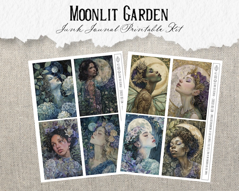 Pode incluir: Um conjunto de oito folhas de colagem digital imprim&iacute;veis com ilustra&ccedil;&otilde;es de mulheres com flores e uma lua em um esquema de cores azul escuro e roxo. O texto "Moonlit Garden Junk Journal Printable Kit" est&aacute; no topo da imagem.