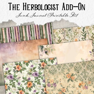 K&ouml;nnte beinhalten: Ein druckbares Junk-Journal-Set mit dem Titel "The Herbologist Add-On". Das Set enth&auml;lt sechs verschiedene gemusterte Papiere mit floralen, gestreiften und Vintage-Designs in Gr&uuml;n-, Lila-, Orange- und Braunt&ouml;nen.