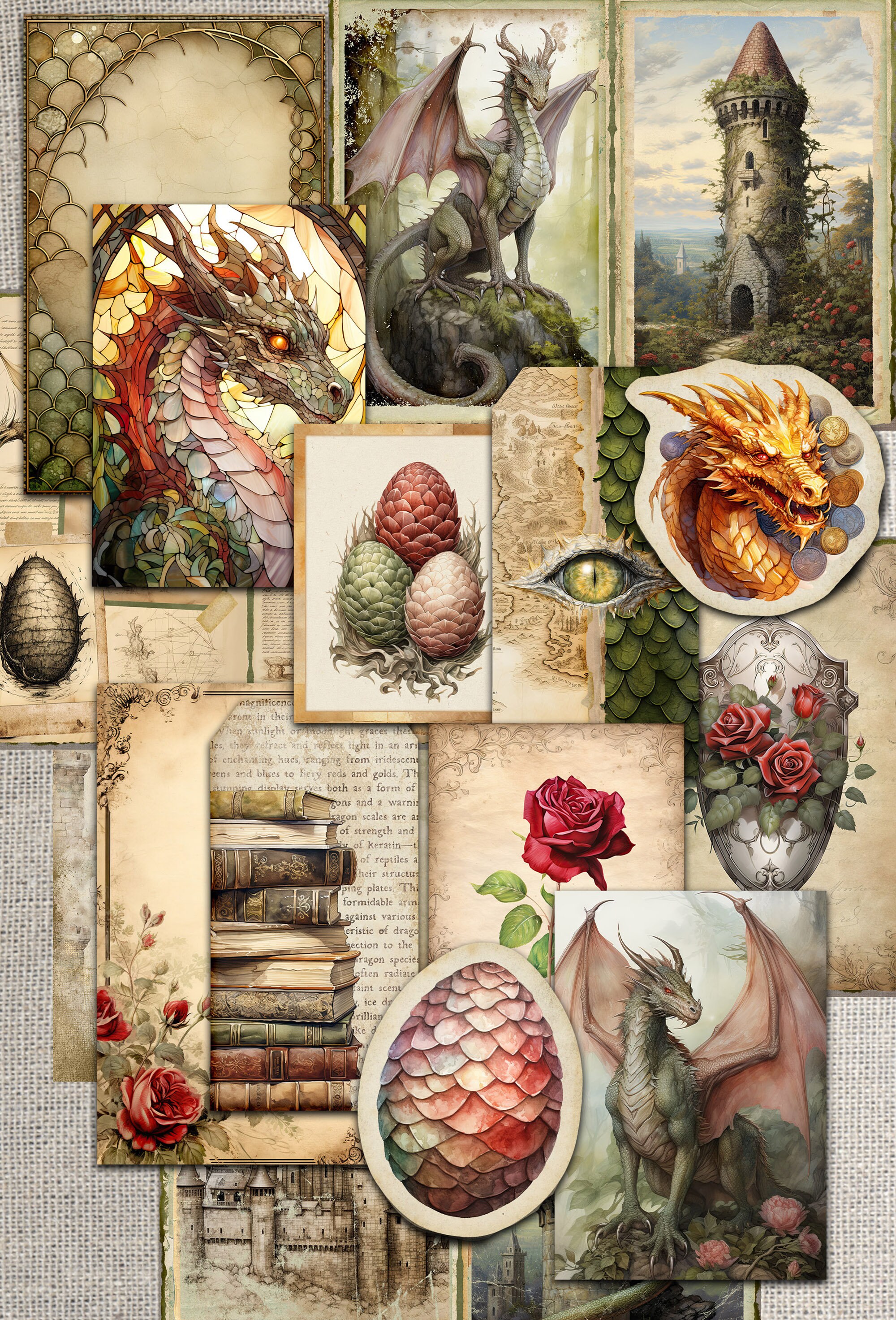 Dragon Junk Journal Printable Kit Fantasy Digital Download Lady Knights ...