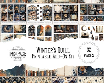 Op de afbeelding: Een digitale printbare set voor scrapbooking en journalen met een winterthema. De set bevat 32 pagina's met afbeeldingen van boeken, bloemen en een ganzenveer. De set heeft de titel "Winter's Quill Printable Add-On Kit" en is van het bedrijf "Ink & Page".