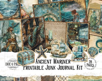 Ancient Mariner Junk Journal Printable Kit Ocean Voyage Digital Paper Vintage By the Sea Ephemera Nautical Scrapbook Page Treasure Sailing