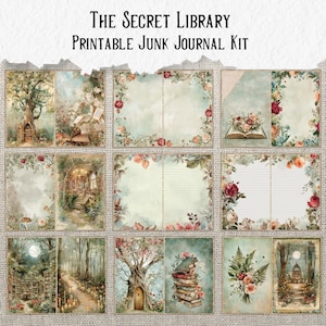May include: A printable junk journal kit titled "The Secret Library." The kit features various pages with floral borders, lined pages, and illustrations of libraries, trees, and books. The color palette includes soft greens, blues, and pinks, creating a vintage aesthetic.