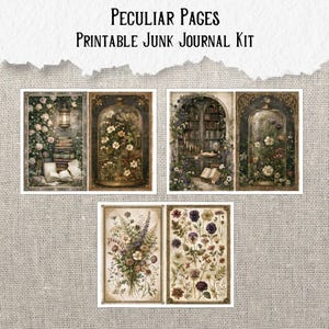 Op de afbeelding: Een printbare junk journal kit genaamd Peculiar Pages met zes rechthoekige kaarten voorzien van vintage illustraties van botanische specimens, glazen stolpen, open boeken, een bibliotheekinterieur en bloemstukken in gedempte aardetinten.