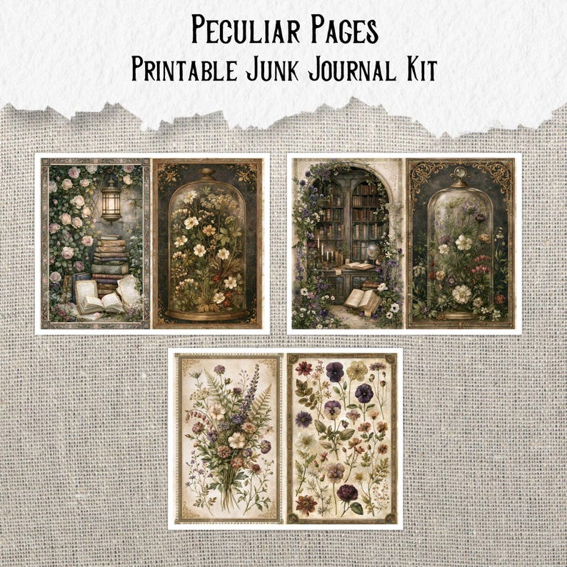 Op de afbeelding: Een printbare junk journal kit genaamd Peculiar Pages met zes rechthoekige kaarten voorzien van vintage illustraties van botanische specimens, glazen stolpen, open boeken, een bibliotheekinterieur en bloemstukken in gedempte aardetinten.