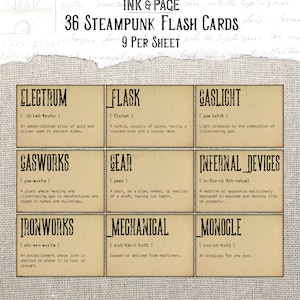 Op de afbeelding: Een set van 36 steampunk-flashcards met 9 kaarten per vel. Elke kaart heeft een ander steampunk-woord met de definitie en uitspraak. De kaarten zijn gedrukt op een beige achtergrond met zwarte tekst.