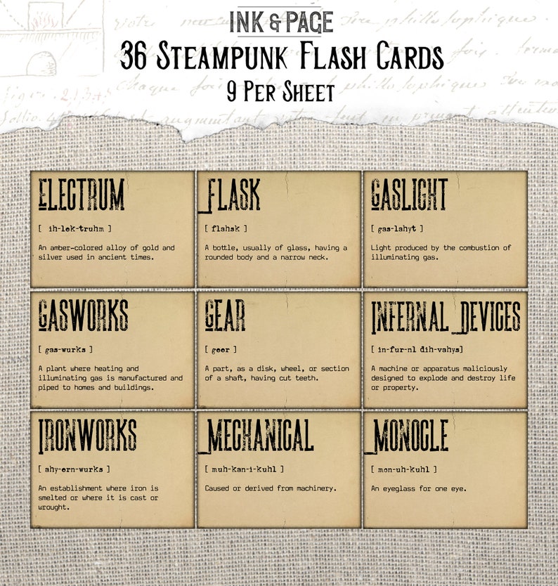 Op de afbeelding: Een set van 36 steampunk-flashcards met 9 kaarten per vel. Elke kaart heeft een ander steampunk-woord met de definitie en uitspraak. De kaarten zijn gedrukt op een beige achtergrond met zwarte tekst.