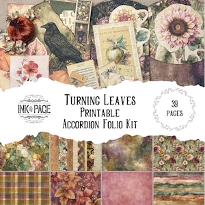 May include: A printable accordion folio kit titled "Turning Leaves." The image features a collage of vintage ephemera, including a black crow, floral illustrations, and botanical prints. The kit includes 39 pages of designs with a fall theme.