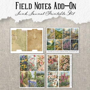 May include: Printable junk journal kit with the title "Field Notes Add-On". The kit includes 12 digital papers with floral and nature themes, including a bluebird, a dragonfly, and a hedgehog.
