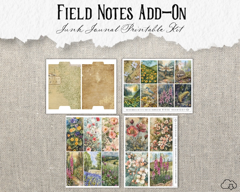 May include: Printable junk journal kit with the title "Field Notes Add-On". The kit includes 12 digital papers with floral and nature themes, including a bluebird, a dragonfly, and a hedgehog.