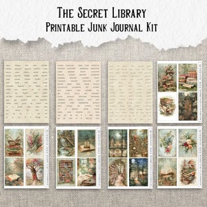 May include: A printable junk journal kit titled "The Secret Library." The kit includes various decorative elements such as word stickers and illustrated pages featuring books, flowers, and library scenes. The overall color palette is muted with vintage tones.