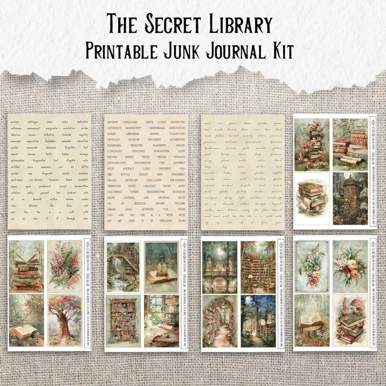May include: A printable junk journal kit titled "The Secret Library." The kit includes various decorative elements such as word stickers and illustrated pages featuring books, flowers, and library scenes. The overall color palette is muted with vintage tones.
