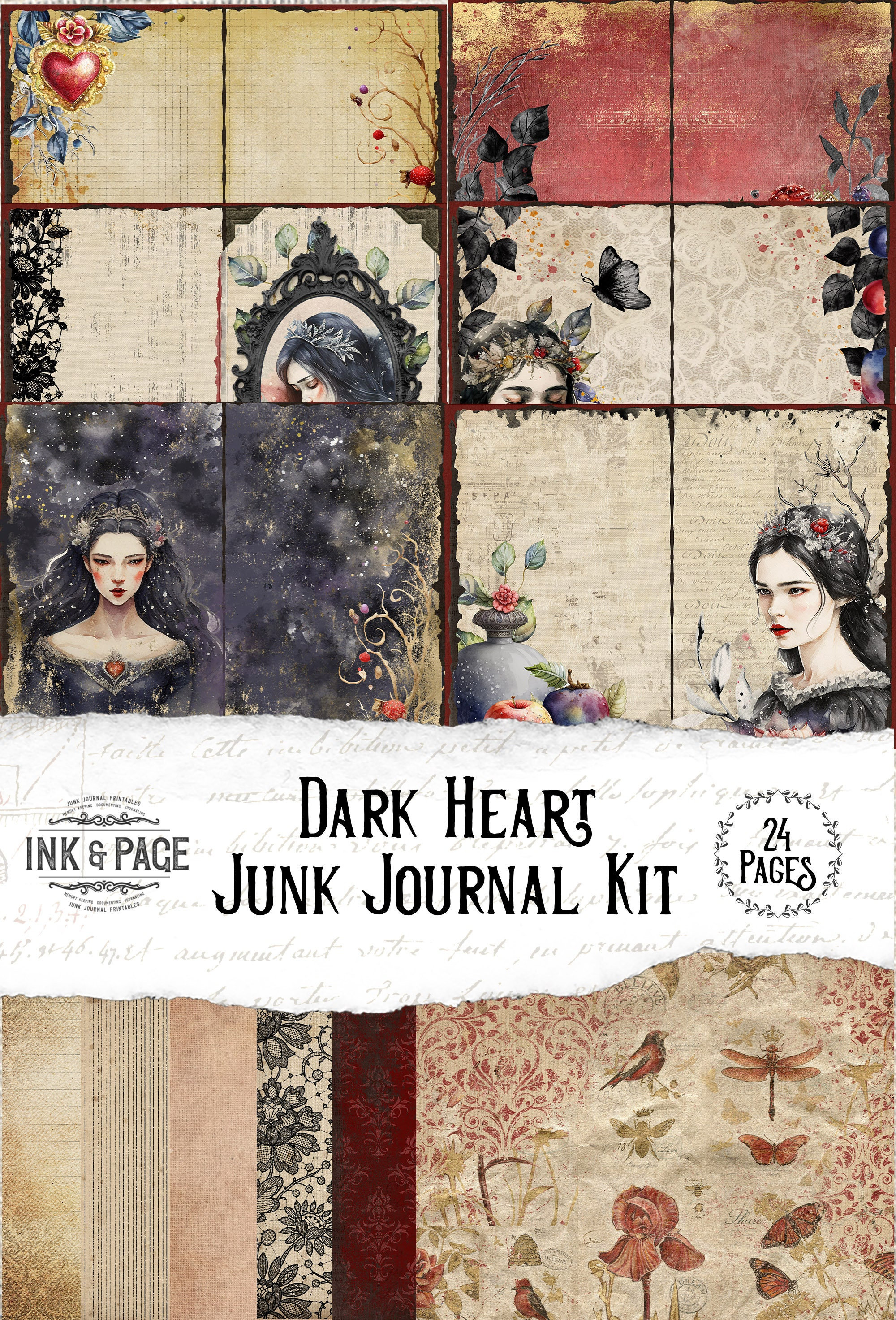 Dark Heart Junk Journal Printable Kit, Gothic Valentines Day Vintage ...