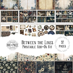 Complément entre les lignes imprimable Ephemera Junk Journal Kit Dark Academia Téléchargement numérique Amateur de livres Romancier victorien Bibliothèque Auteur