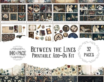 Op de afbeelding: Een printbare digitale scrapbookingkit met 32 pagina's met een donkerblauw en bloemig ontwerp. De kit bevat een verscheidenheid aan elementen, zoals boeken, sleutels, bloemen en engelen. De tekst "Between the Lines Printable Add-On Kit" wordt in het midden van de afbeelding weergegeven.