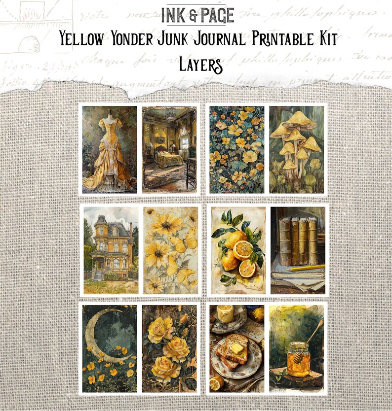 Yellow Yonder Printable Junk Journal Kit Ephemera Digital Download Gold ...