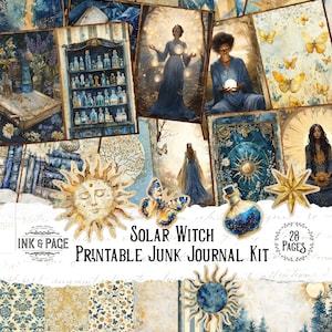 Solar Witch Junk Journal afdrukbare Kit Vintage hemelse digitale download zon Scrapbook sterren Grimoire natuur magische drankjes Ephemera gouden