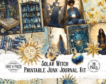 May include: A printable junk journal kit with a solar witch theme. The kit includes 28 pages of images, including a woman in a blue dress holding a glowing orb, a sun with a face, a bottle of potion, and butterflies. The kit also includes patterned paper and text that says "Solar Witch Printable Junk Journal Kit".