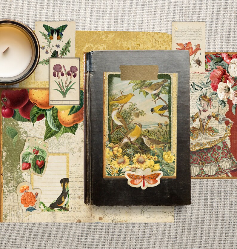 May include: A vintage-style scrapbook page with a brown leather-bound journal, featuring a collage of images including birds, butterflies, flowers, and a woman in a vintage dress. The journal has a gold-toned clasp and a decorative paper cover.