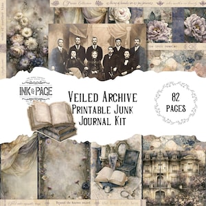 Könnte beinhalten: Ein digitales Junk-Journal-Set mit dem Titel Veiled Archive Printable Junk Journal Kit mit 82 Seiten. Die Collage zeigt Vintage-Porträts in Sepia, Blumenarrangements, aufgeschlagene Bücher, ein Herrenhaus und Textelemente in gedeckten Farben.