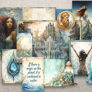May include: A collage of images featuring a blue and gold colour scheme. The images include a woman with red hair, a city with a crescent moon, a water drop, a quote about magic in water, a jar of blue and gold glitter, and a woman with her arms raised.